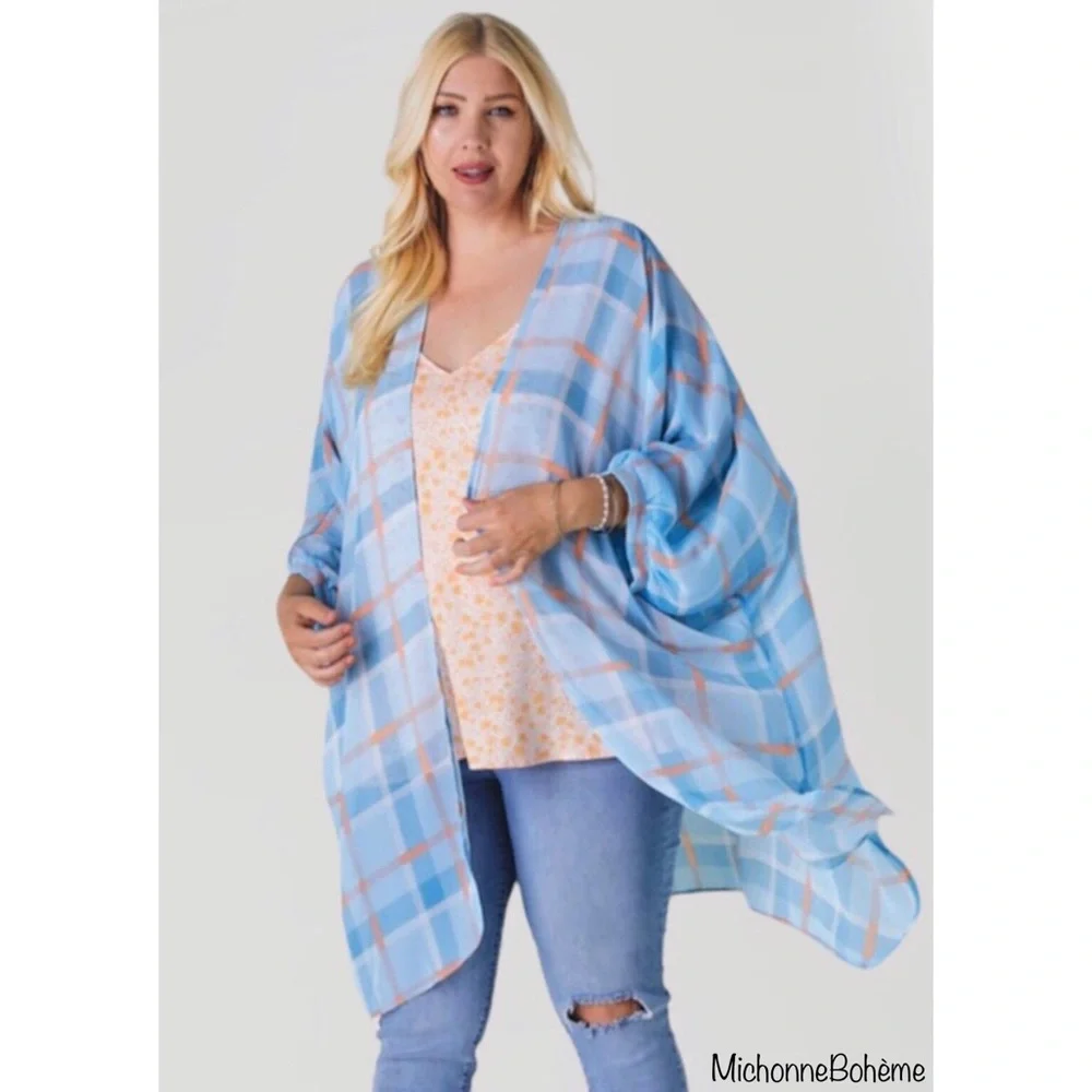Davi & Dani Light Blue & Orange Plaid Print Kimono Cardigan - Picture 8 of 11